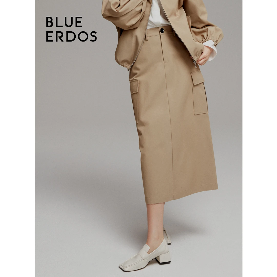 BLUE ERDOS卡其色直筒中长款高腰收腰休闲显瘦半裙B236M0003