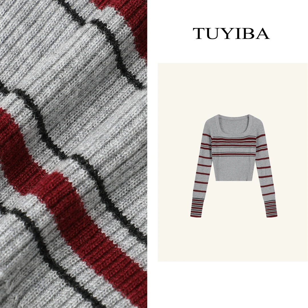 【兔兔】新款长袖条纹U领针织衫女百搭显瘦上衣2065