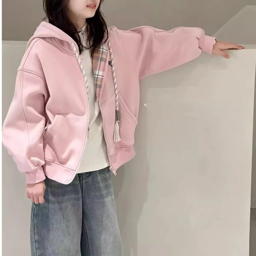 冬款女童加绒外套儿童连帽卫衣开衫