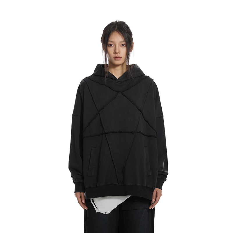 【官方】BTW潮流五芒星毛边拼接连帽卫衣宽松休闲秋季情侣帽衫上衣