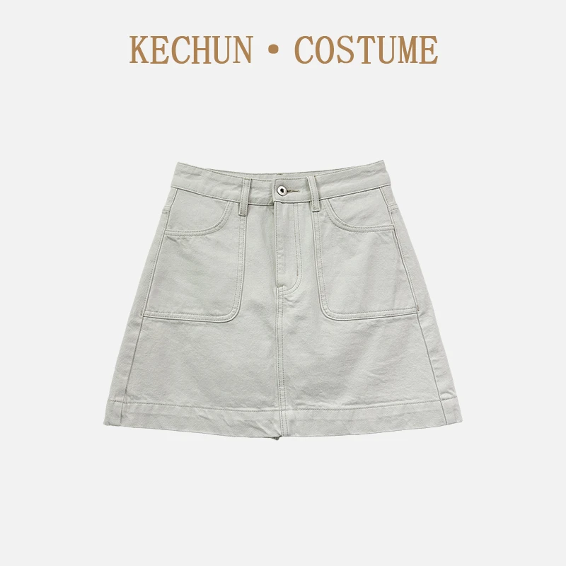 可淳夏季新款高腰款时尚A字牛仔显瘦半身裙百搭短裙女士纯色春夏