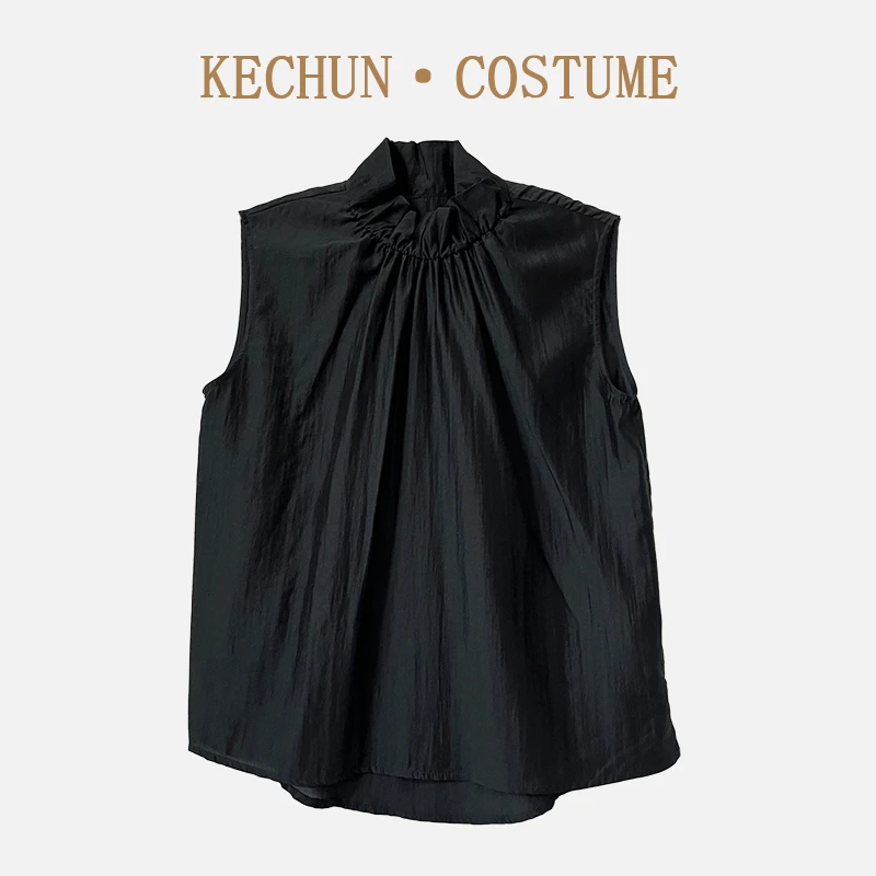 可淳夏季新款显瘦简约百搭时尚潮流气质女士无袖衬衫荷叶领设计