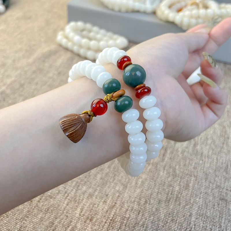 【奶油白】白玉菩提双圈手串好运莲莲玉化奶油算盘珠双圈赠盘玩袋