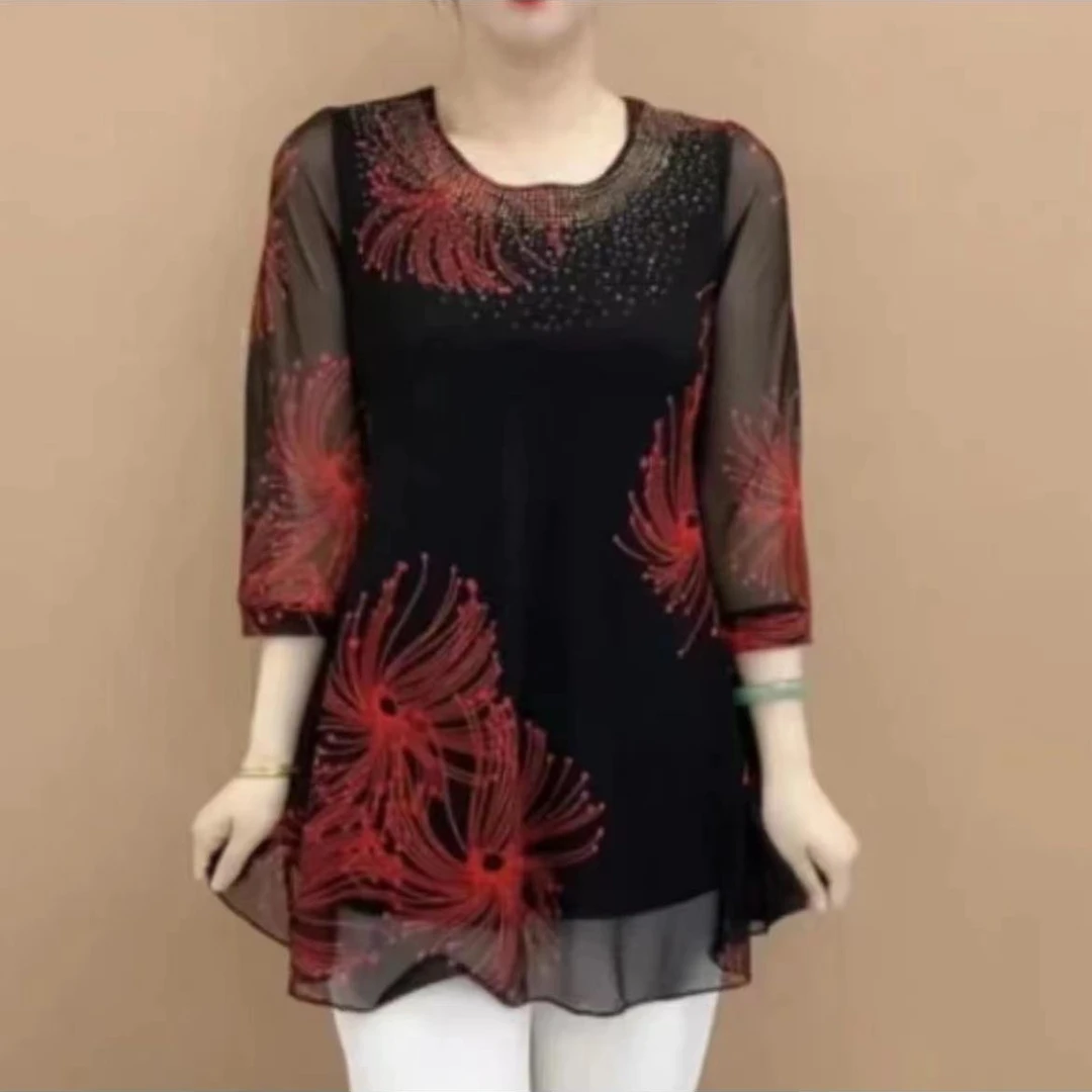 新款【YPTC】夏季时尚洋气烫钻显瘦妈妈装大码中长款上衣