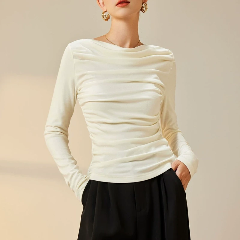 醋酸天丝一字领褶皱白色t恤女秋冬长袖内搭上衣通勤ol修身打底衫