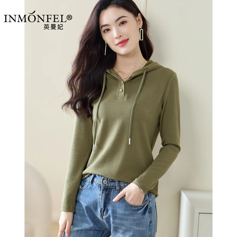 英曼妃军绿色坑条针织连帽卫衣女春秋款长袖上衣女2023新款打底衫