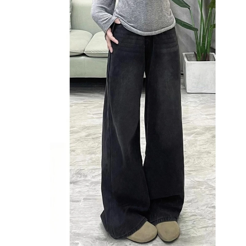 黑灰色阔腿牛仔裤女2024春秋季高腰宽松高个子加长垂感拖地直筒裤