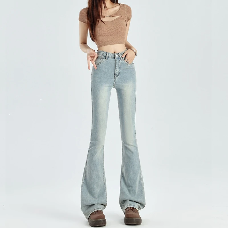 浅色微喇叭牛仔裤女秋季新款高腰显瘦弹力高个子加长微喇马蹄裤子
