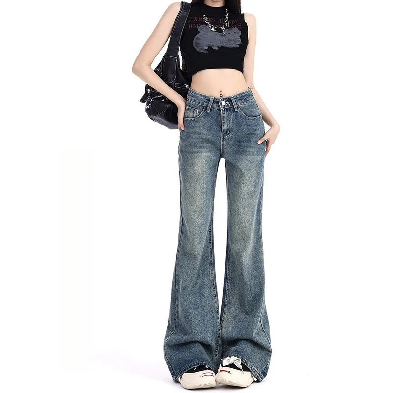 美式复古不贴腿微喇牛仔裤女2024秋季新款高腰宽松显瘦直筒拖地裤