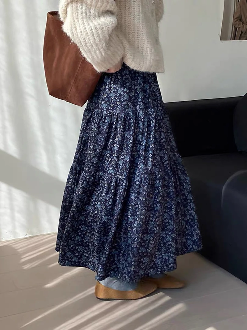 【紫色丝绒碎花裙】软糯舒适中长伞裙显瘦百搭气质半身裙复古法式