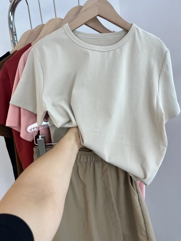 【纯色贝壳T】圆领纯色棉休闲百搭夏季显瘦T恤短款时尚宽松