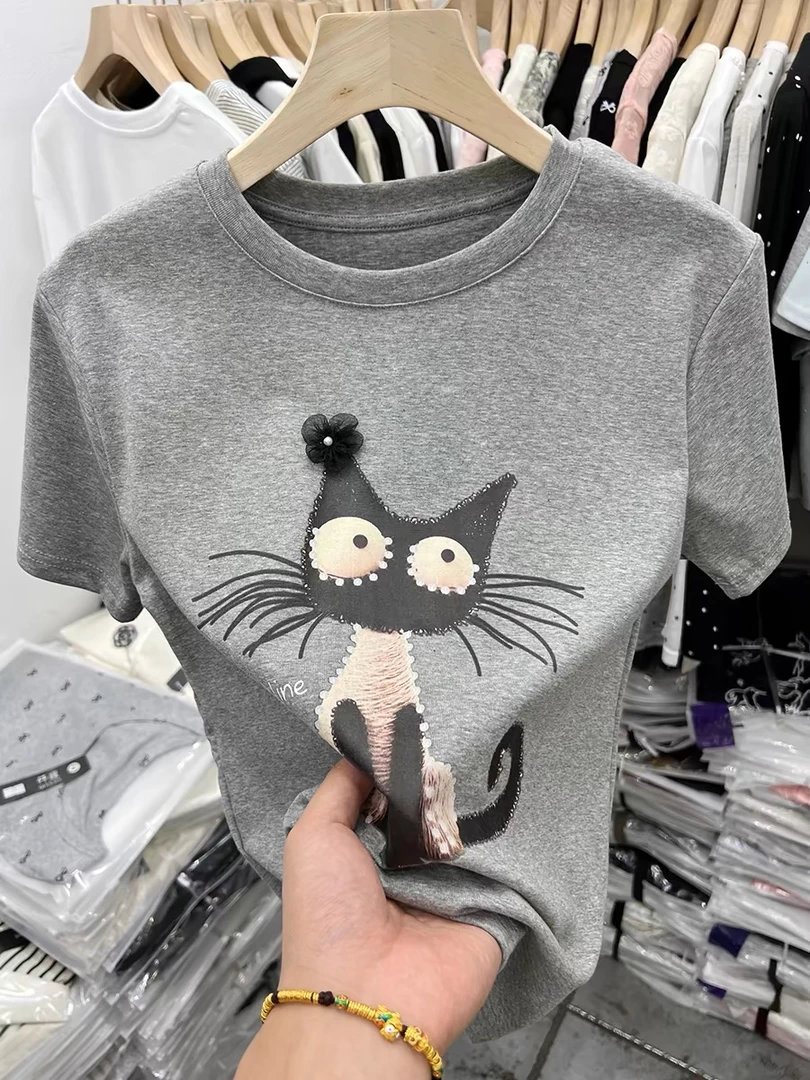 花朵猫咪T恤宽松显瘦百搭