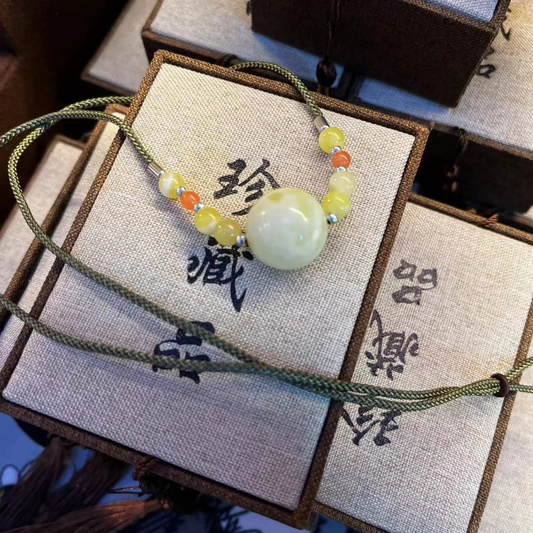 岫玉奶绿色转运珠 编绳老型单圈手工多宝镶嵌玉串桶珠复古古风