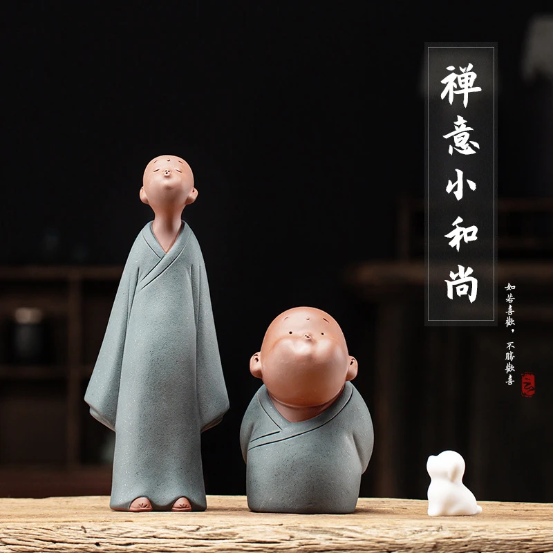 创意禅意紫砂陶瓷家居装饰品可爱小和尚沙弥茶宠摆设书架萌丑摆件