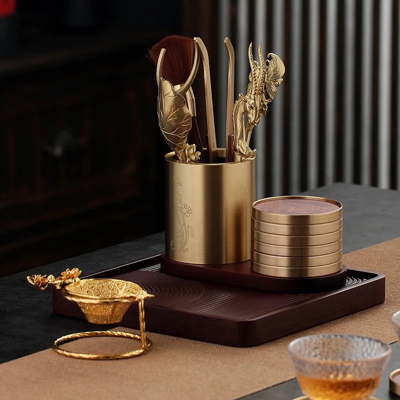 纯铜实木茶道六君子办公室套装茶具泡茶工具大全茶漏笔筒茶夹子