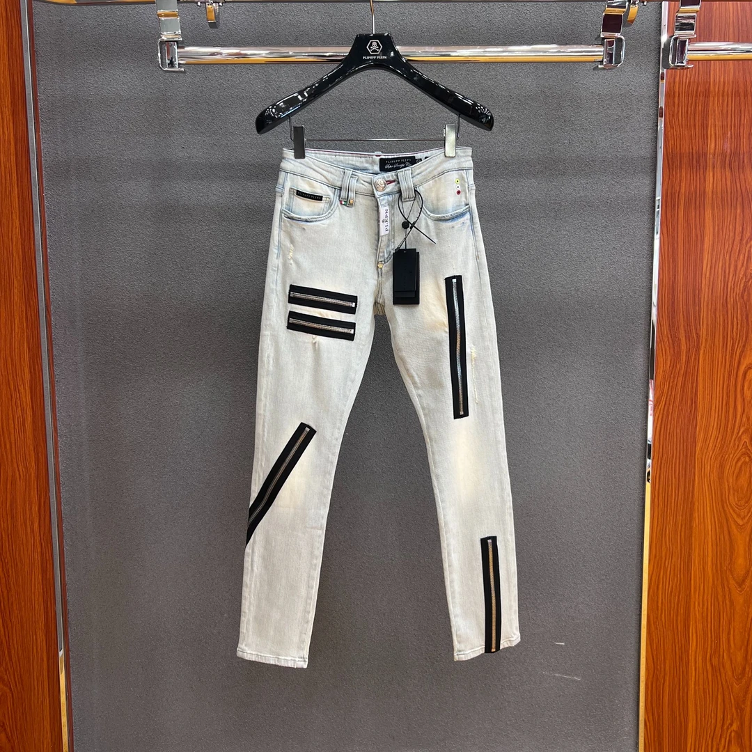 PLIPHPP PLEPN 高奢水浅蓝意大利走秀设计修身潮流直筒牛仔裤6643