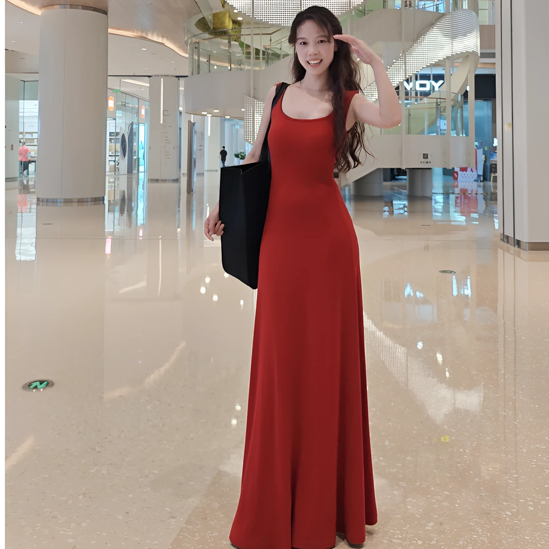 百搭时尚及地裙纯色背心连衣裙高个子女收腰胸垫到脚踝吊带裙子
