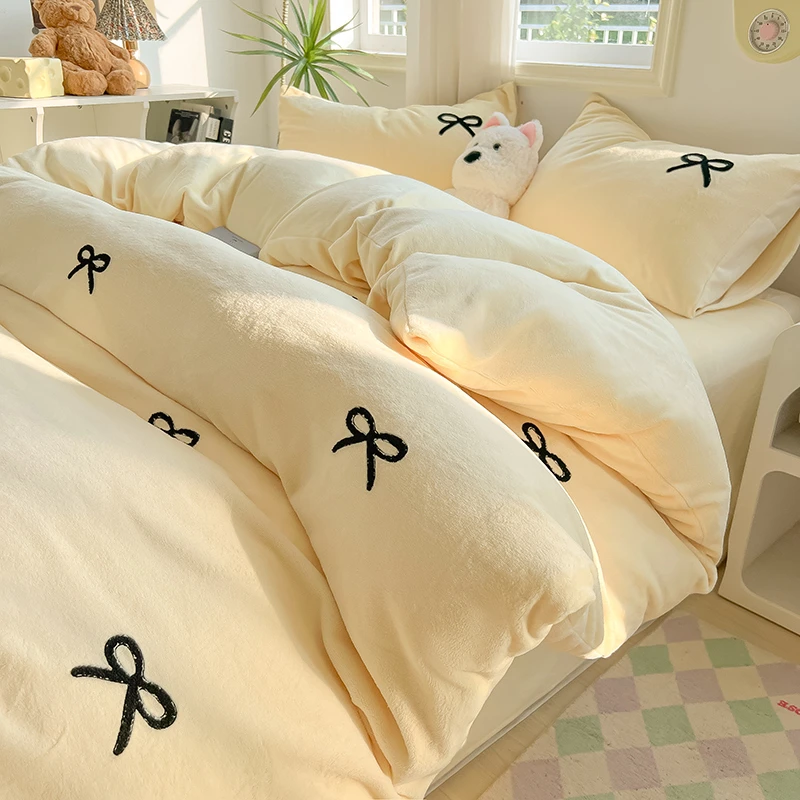 冬季双面牛奶绒床上四件套2024新款加绒毛巾绣被套床品床单三件套