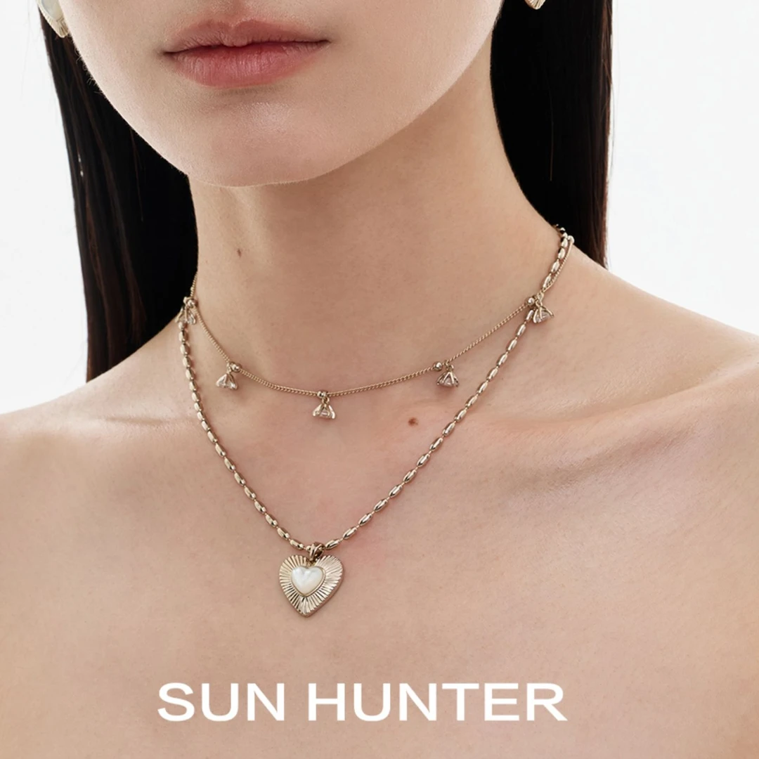 铜合金项链 三横SUN HUNTER原创心形双层项链小众轻奢项链美拉德
