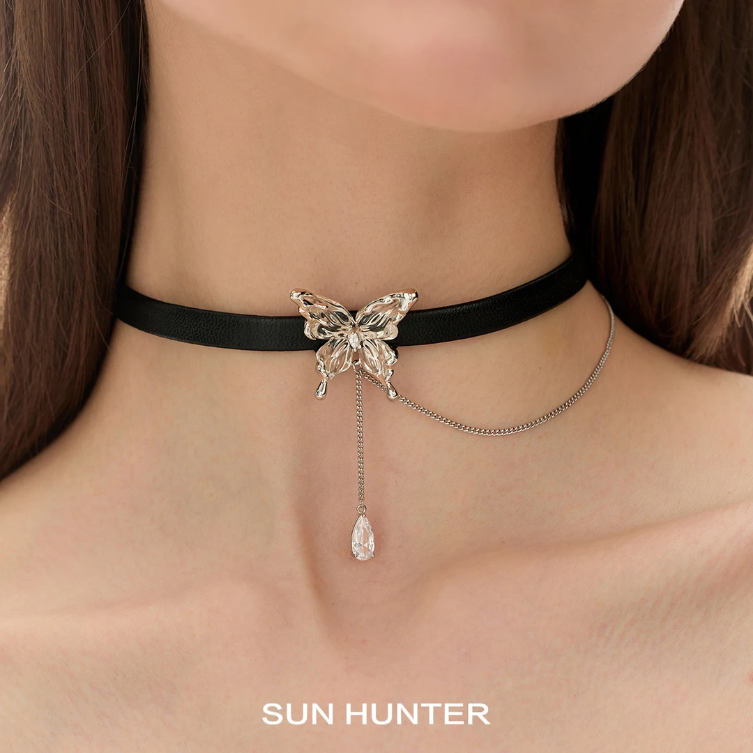 铜合金皮质项链 三横SUN HUNTER原创透明蝴蝶皮质项链高级感