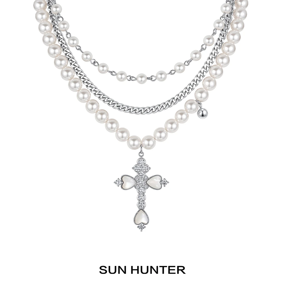 铜合金仿珍珠项链 三横SUN HUNTER原创三层珠珠花瓣十字架项链