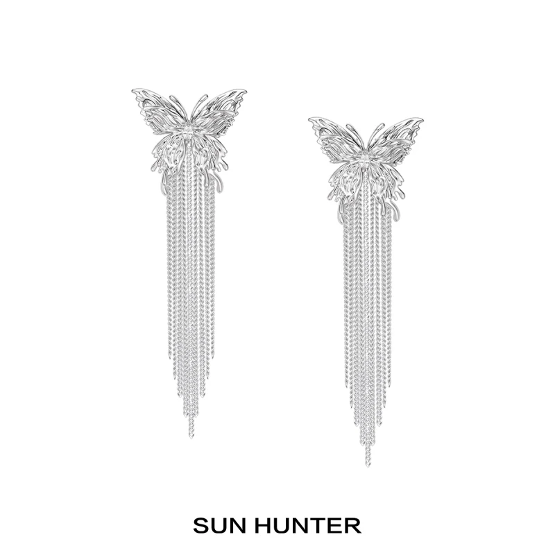 铜合金合成锆石耳饰 三横SUN HUNTER原创流苏蝴蝶耳钉高级感轻奢