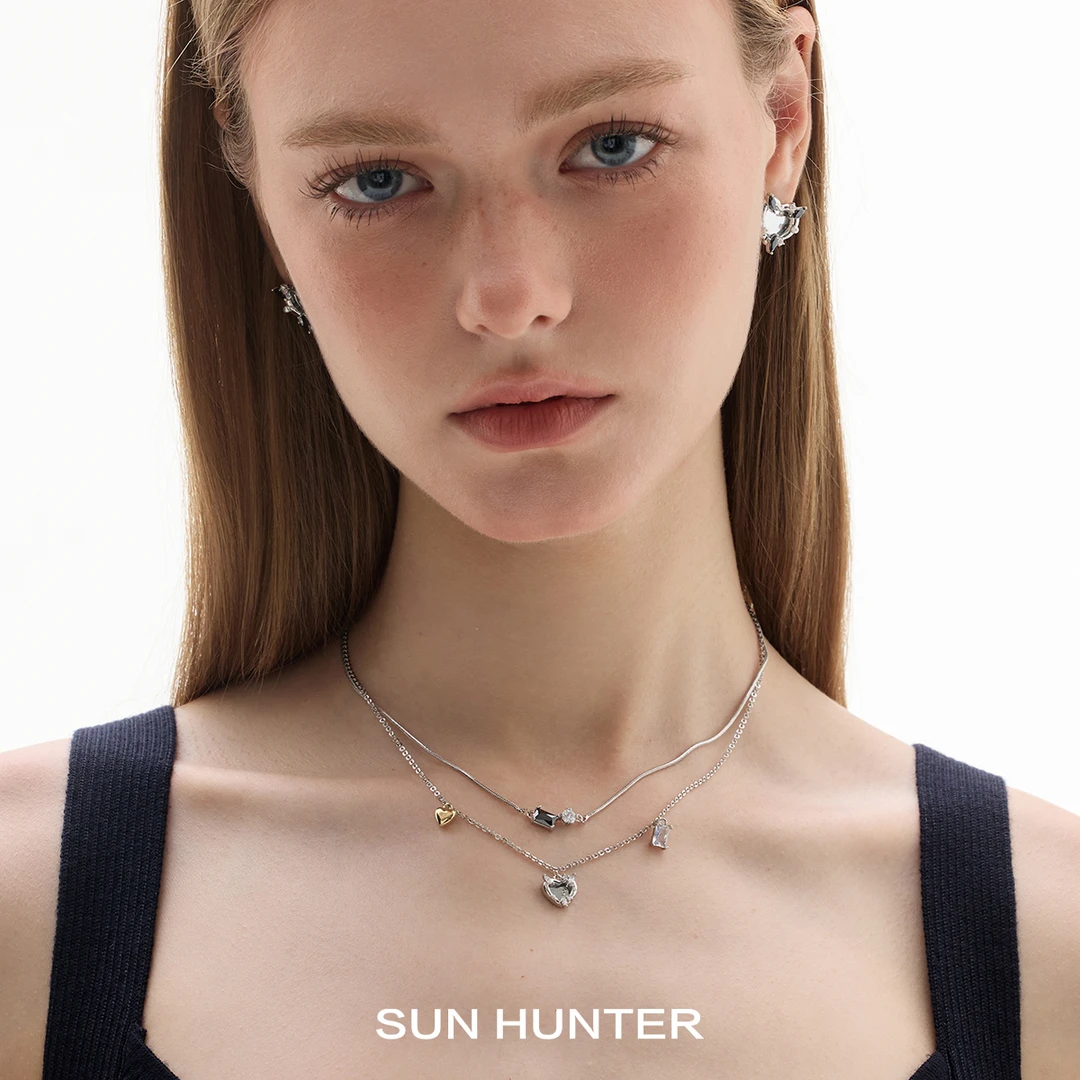 铜合金合成锆石项链 三横SUN HUNTER原创双层镜面爱心项链女