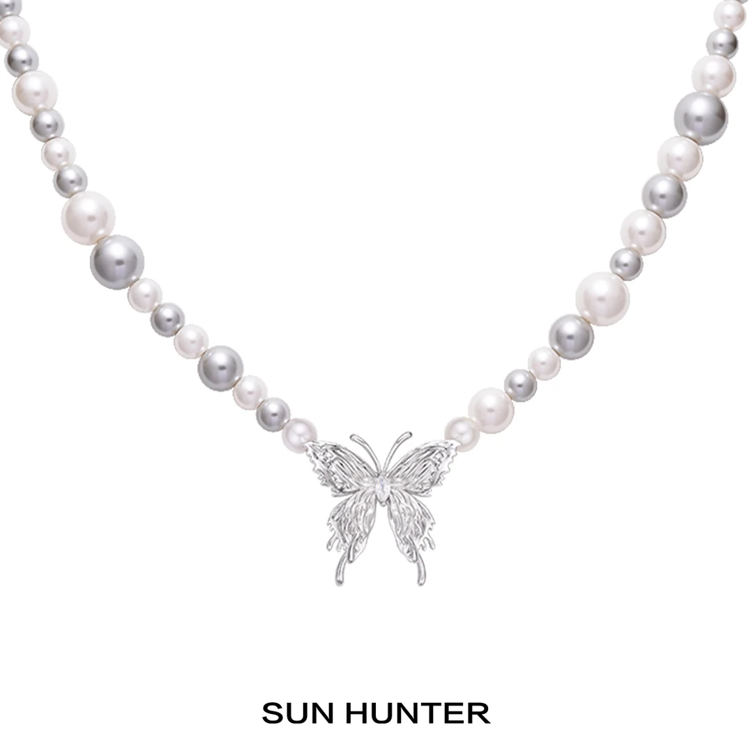 铜合金项链 三横SUN HUNTER原创灰白珠珠蝴蝶项链小众拼接锁骨链