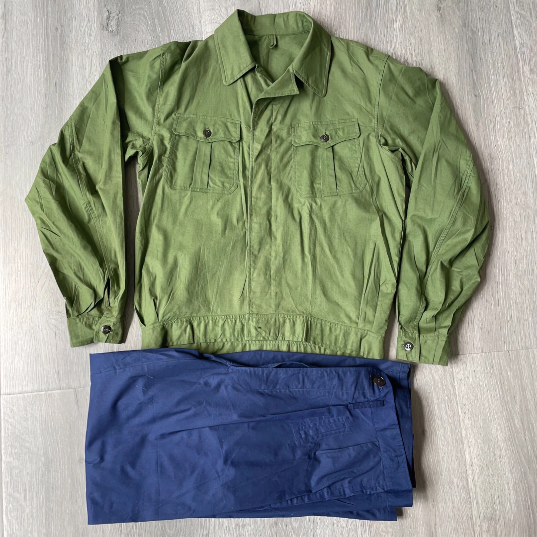 *夏飞布服套装上绿下蓝工作服 男女款舒适透气耐磨百搭夹克长袖