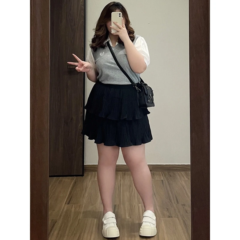 微胖mm大码双层蛋糕裙女春秋款遮胯高腰小个子显瘦A字短裙百褶裙