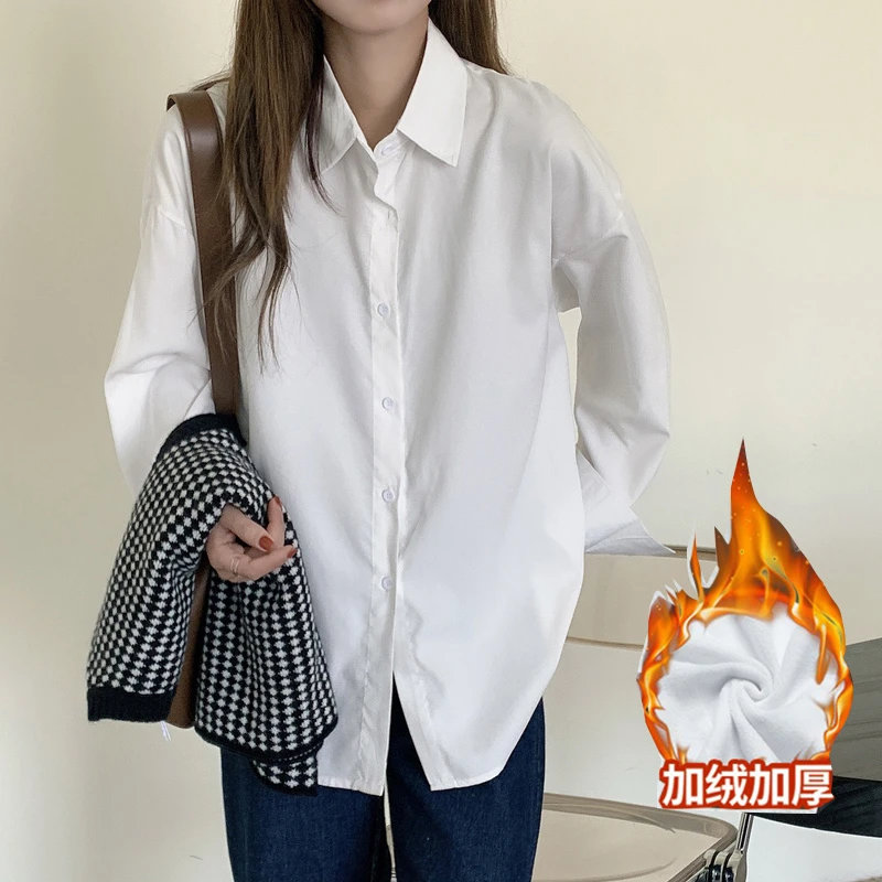 加绒加厚衬衫女秋冬季长袖通勤百搭保暖上衣宽松显瘦大码打底衬衣
