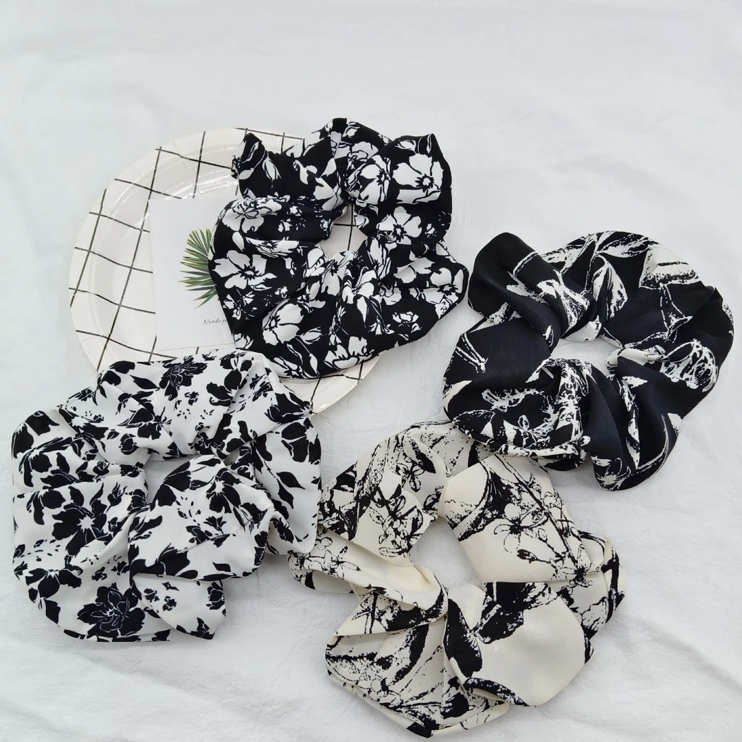 布艺水墨印花大肠圈发饰高级感复古头绳法式扎发橡皮筋简约头饰