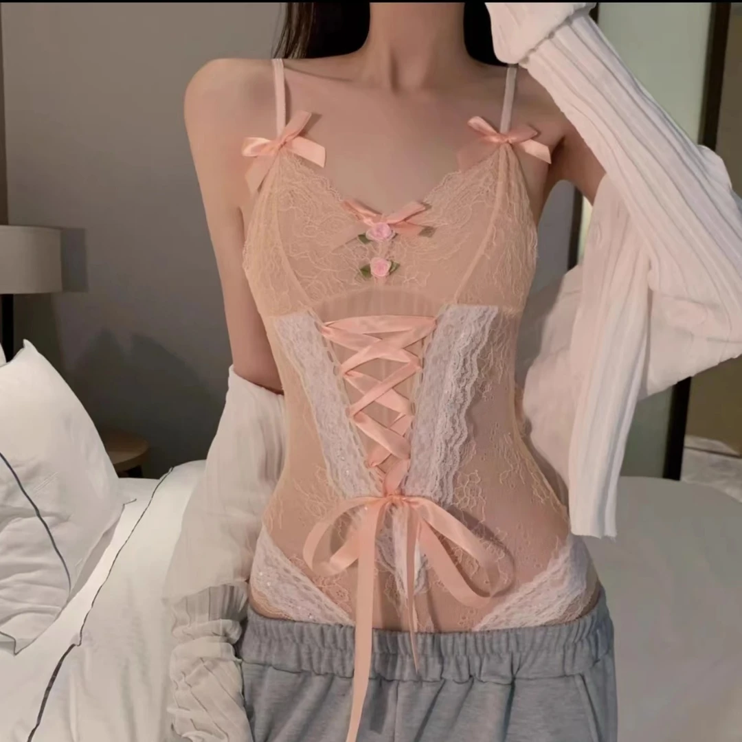 【人间水蜜桃】蕾丝蝴蝶结吊带别致上衣女收腰法式镂空薄款性感睡衣