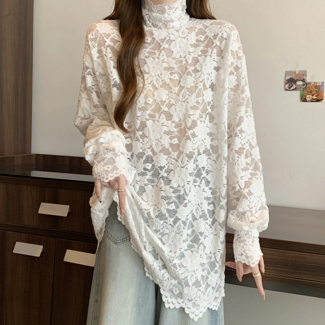 大码纯欲风高领蕾丝衫长袖T恤女冬新款白色打底衫胖MM中长款上衣