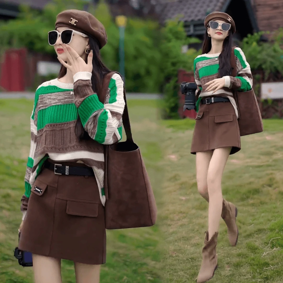 2024春秋新款百搭休闲轻奢撞色拼接条纹针织衫+高腰休闲A字半身裙