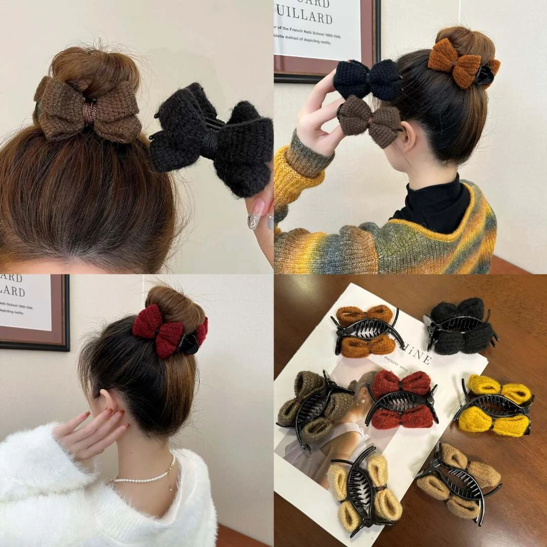 秋冬咖系针织蝴蝶结丸子头抓夹气质女发饰