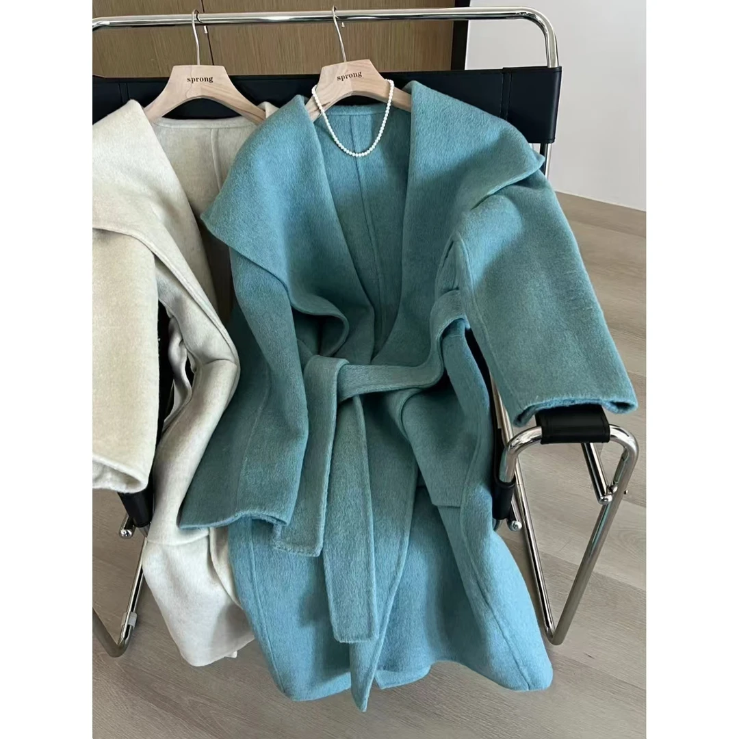 SP 超美大翻领羊r大衣外套 腰带手缝大衣外套
