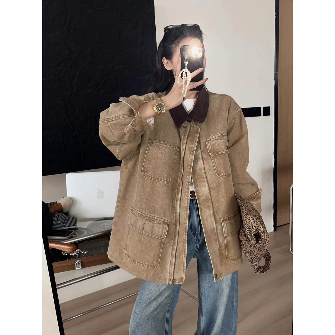 SP【巴黎街头】翻领撞色水洗牛仔保暖羽绒服工装外套宽松高级感外套