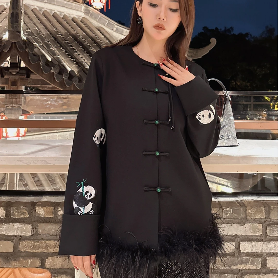 MISSYUNA【小熊猫】春款新中式国风唐装熊猫刺绣鸵鸟毛衣摆休闲百搭