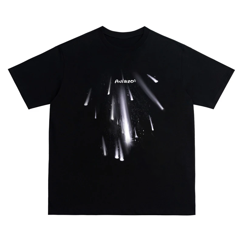 AJIAZO【流星】立体拉浆 重磅纯棉男女同款宽松t恤美式复古印花短袖