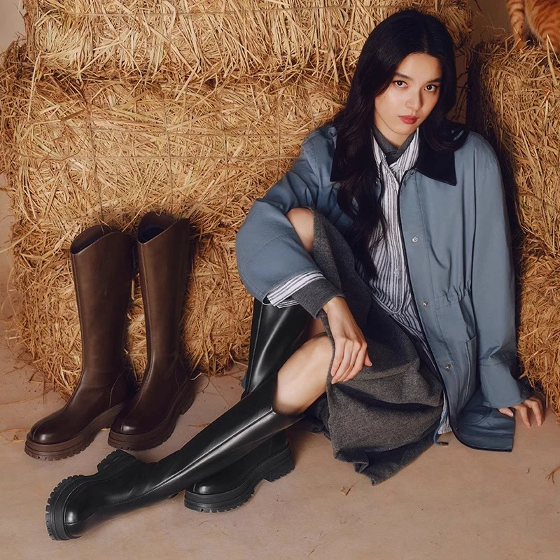 【可可西里】百思图2024冬季新款时尚街头骑士靴厚底女长靴BV506DG4