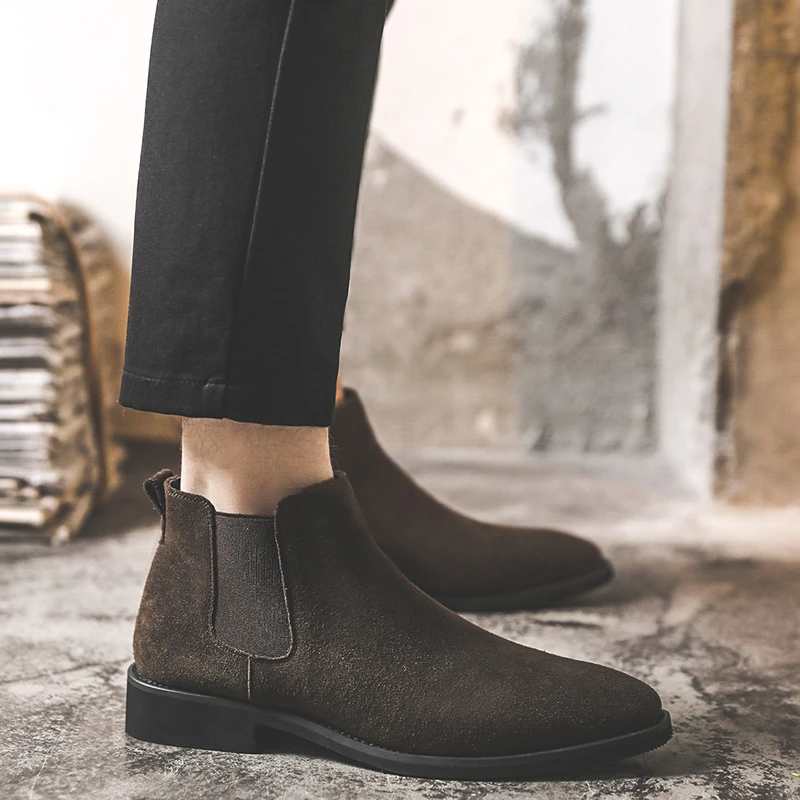 切尔西靴男冬季加绒尖头中帮高帮皮鞋英伦风马丁靴一脚蹬低帮短靴