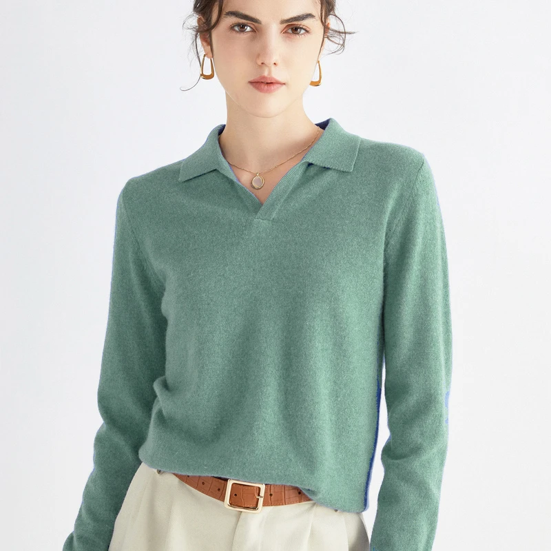 100纯山女POLO领针织衫打底毛衣L2412017羊绒