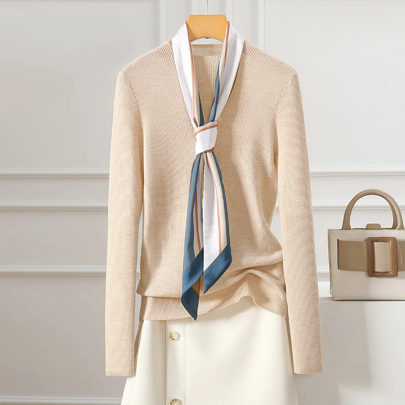 100纯羊毛精纺薄款女士半高领紧身春秋打底衫L165PR1015