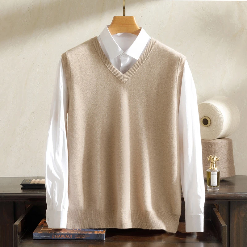 100纯山羊绒男V领虚提加厚马甲坎肩L350AK006