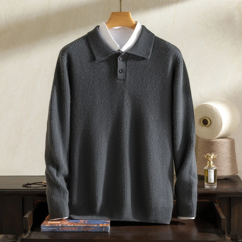 100纯山羊绒男POLO领元宝针加厚打底针织衫毛衣L650AK057