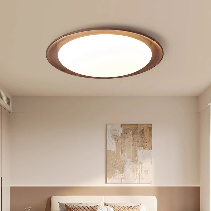 北美黑胡桃木卧室吸顶灯中古风实木圆形书房卧室灯现代中式房间灯