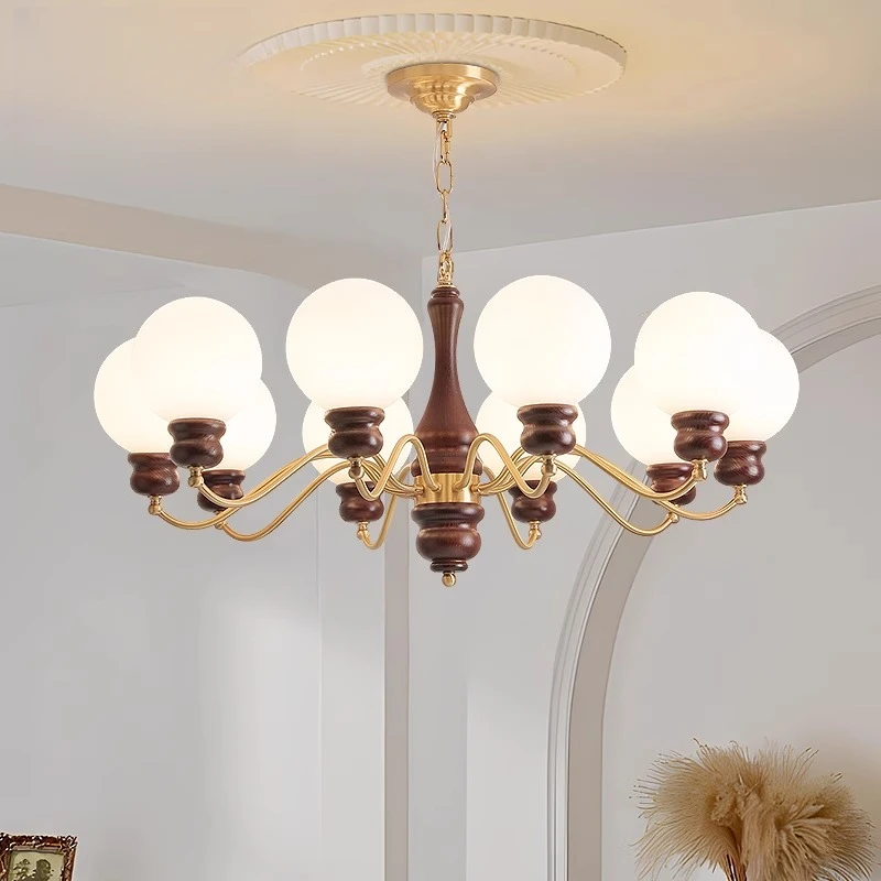 客厅吊灯全铜法式中古轻奢美式复古卧室餐厅胡桃色白蜡木魔豆吊灯
