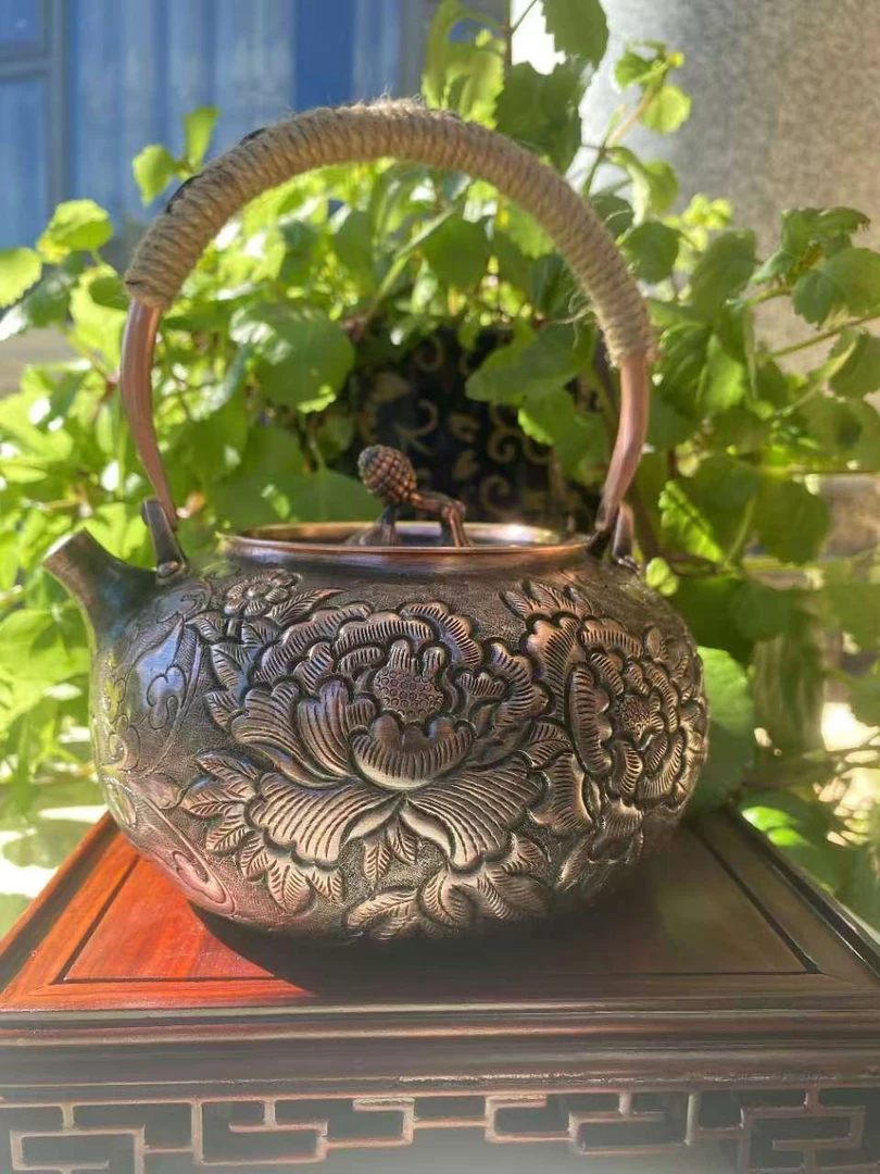 纯手工纯铜铜壶一张打牡丹烧水壶家用大容量茶壶铜茶壶