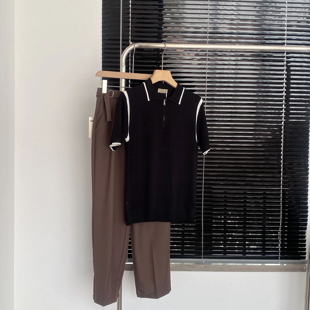 【夏季新品】韩系休闲英伦坎肩撞色个性翻领针织POLO衫透气上衣男